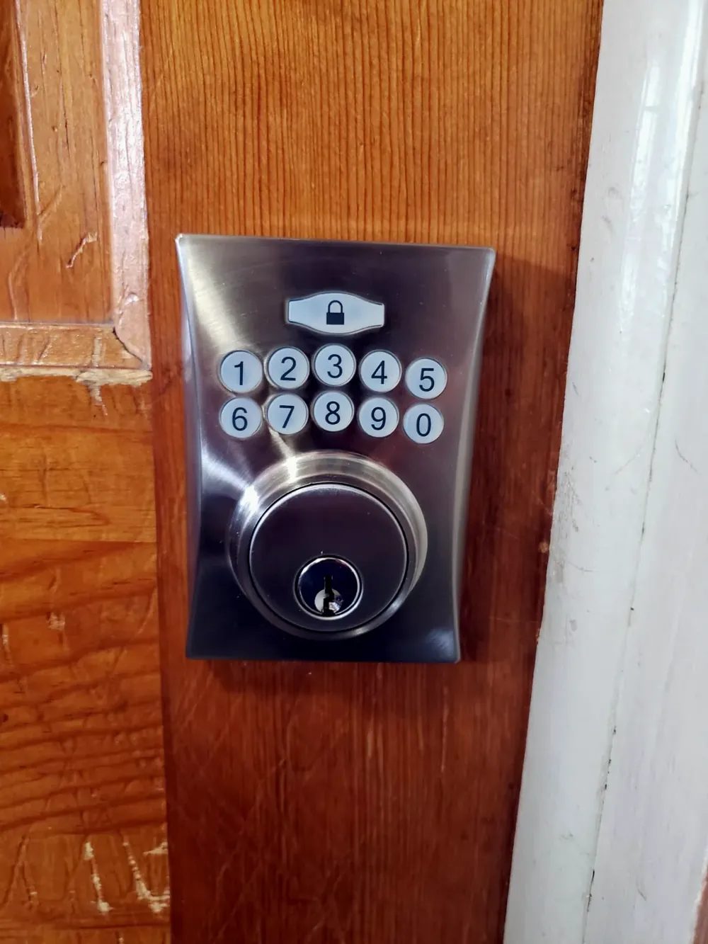 Keypad deadbolt on a wood door